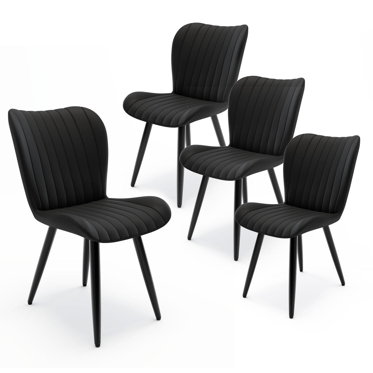 Black PU Leather Dining Chairs - 4 Modern Chairs with Metal Legs