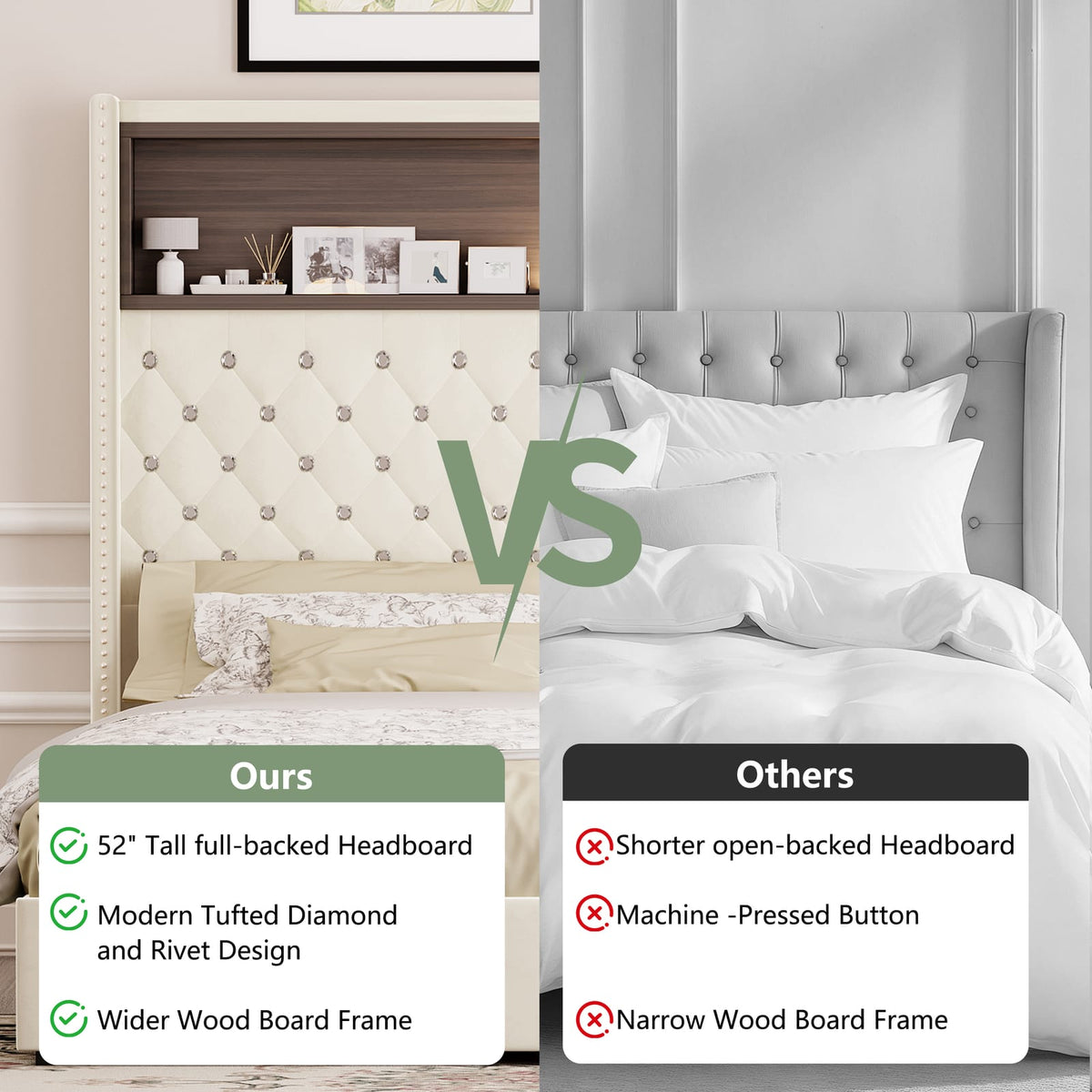 Queen Velvet Tufted Bed Frame Beige USB Charging