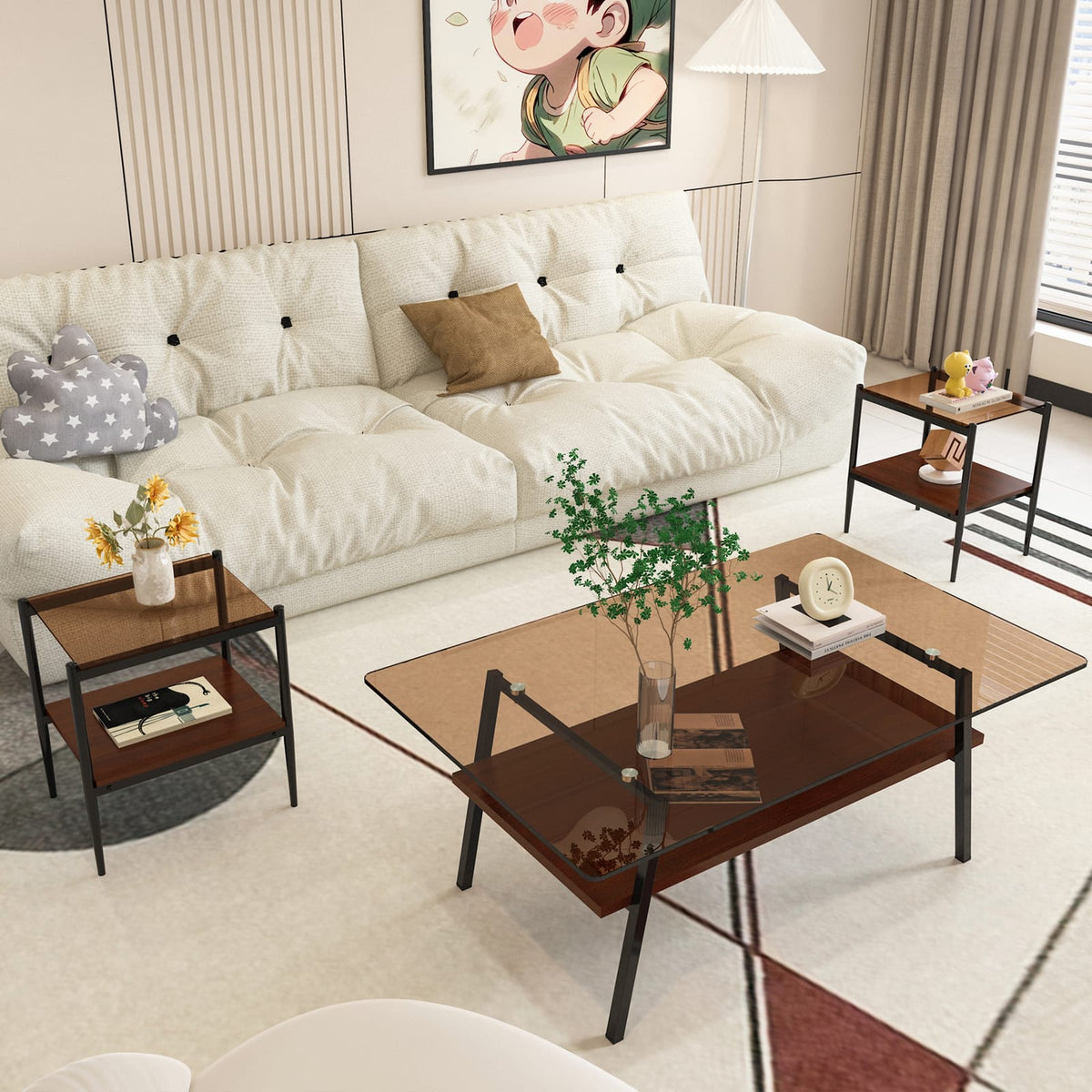 Brown Tempered Glass Coffee Table Set - 3 Piece Living Room Table