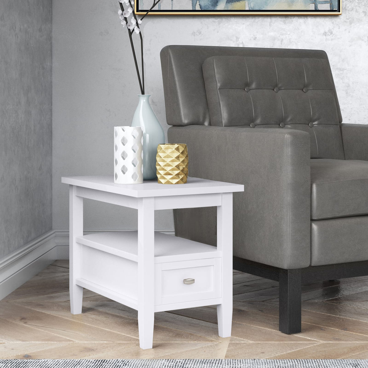 Solid Wood Drawer End Table in White for Bedroom Nightstand Storage for Living Room