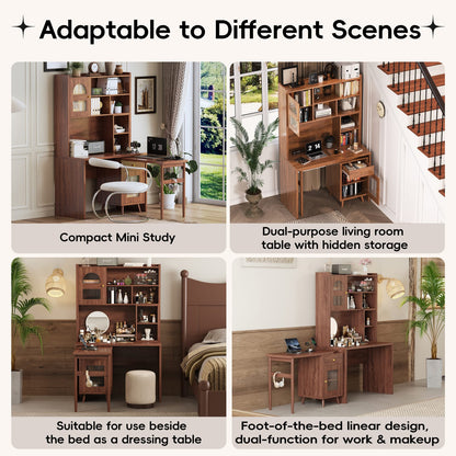 Walnut Rotating Computer Desk with Storage for Work and Study for Home Office