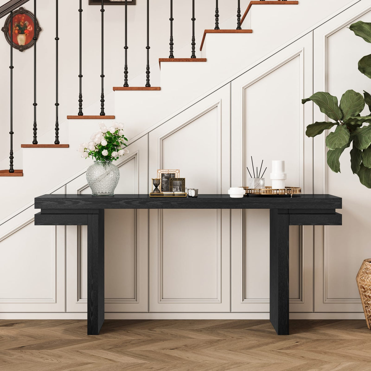 66" Extra Wide Real Wood Veneered Console Table - Black Sofa Table
