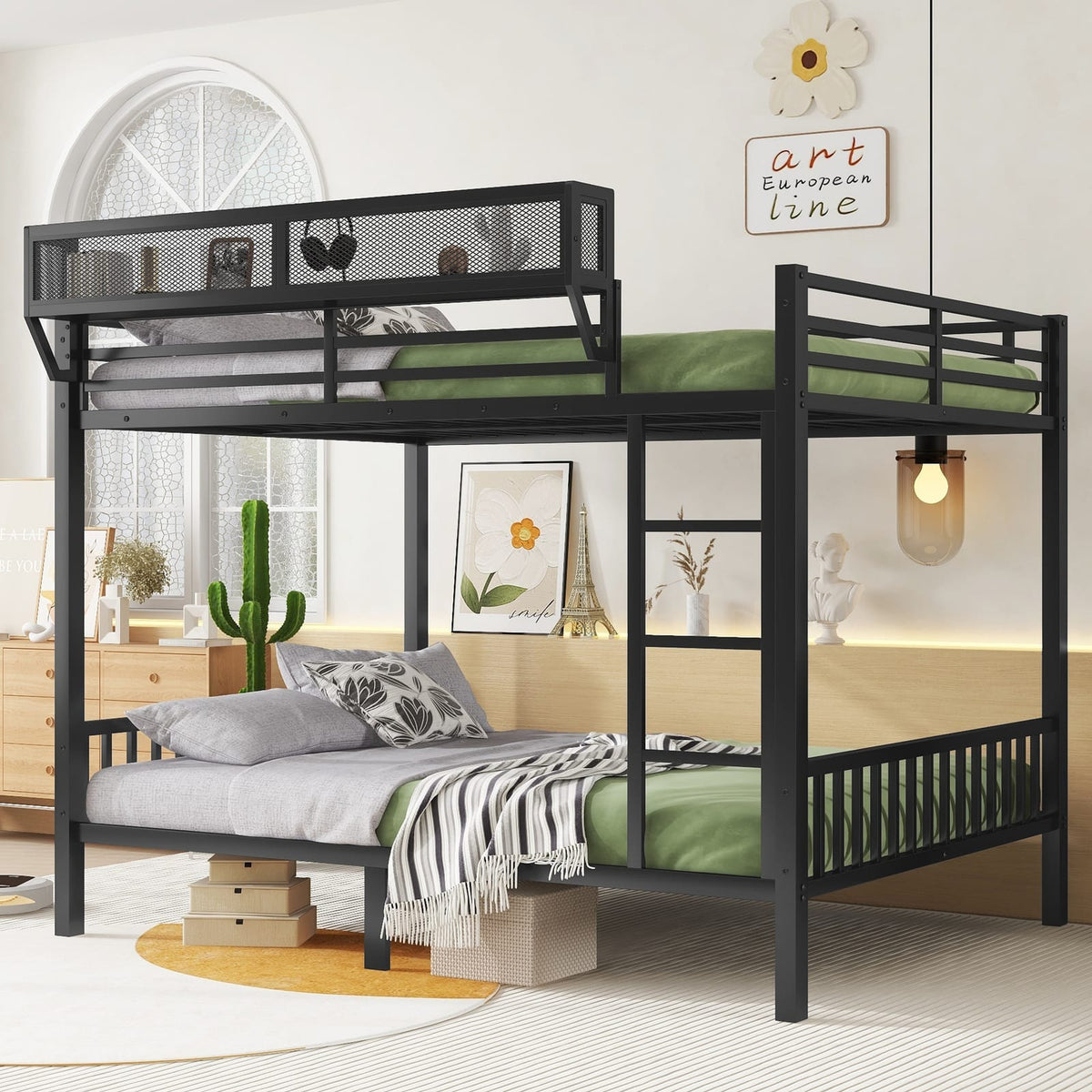 Queen Over Queen Metal Bunk Bed - Black Frame for Bedroom