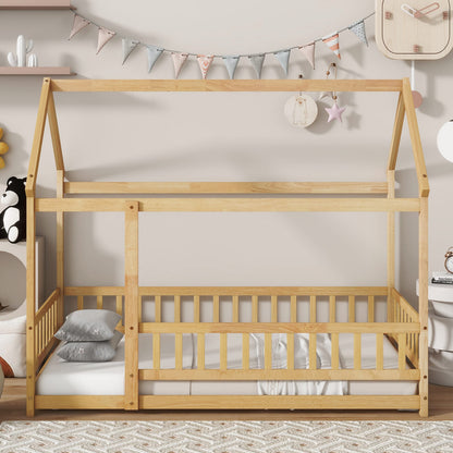 Twin Size Rubber Wood House Bed with Roof Frame