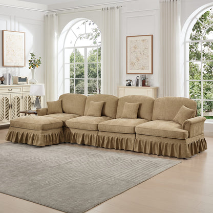 Light Coffee Chenille Modular Sectional Sofa with Removable Ruffles for Living Room