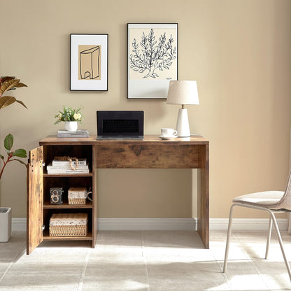 Compact Wood Desk with Three Shelves and Faux Barn Door Cabinet for Home Office