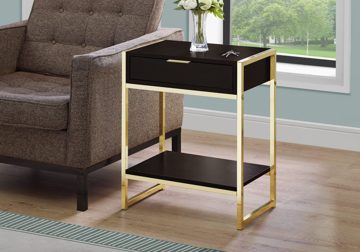 Brown Gold Accent Table - Storage Drawer Side Table for Living Room