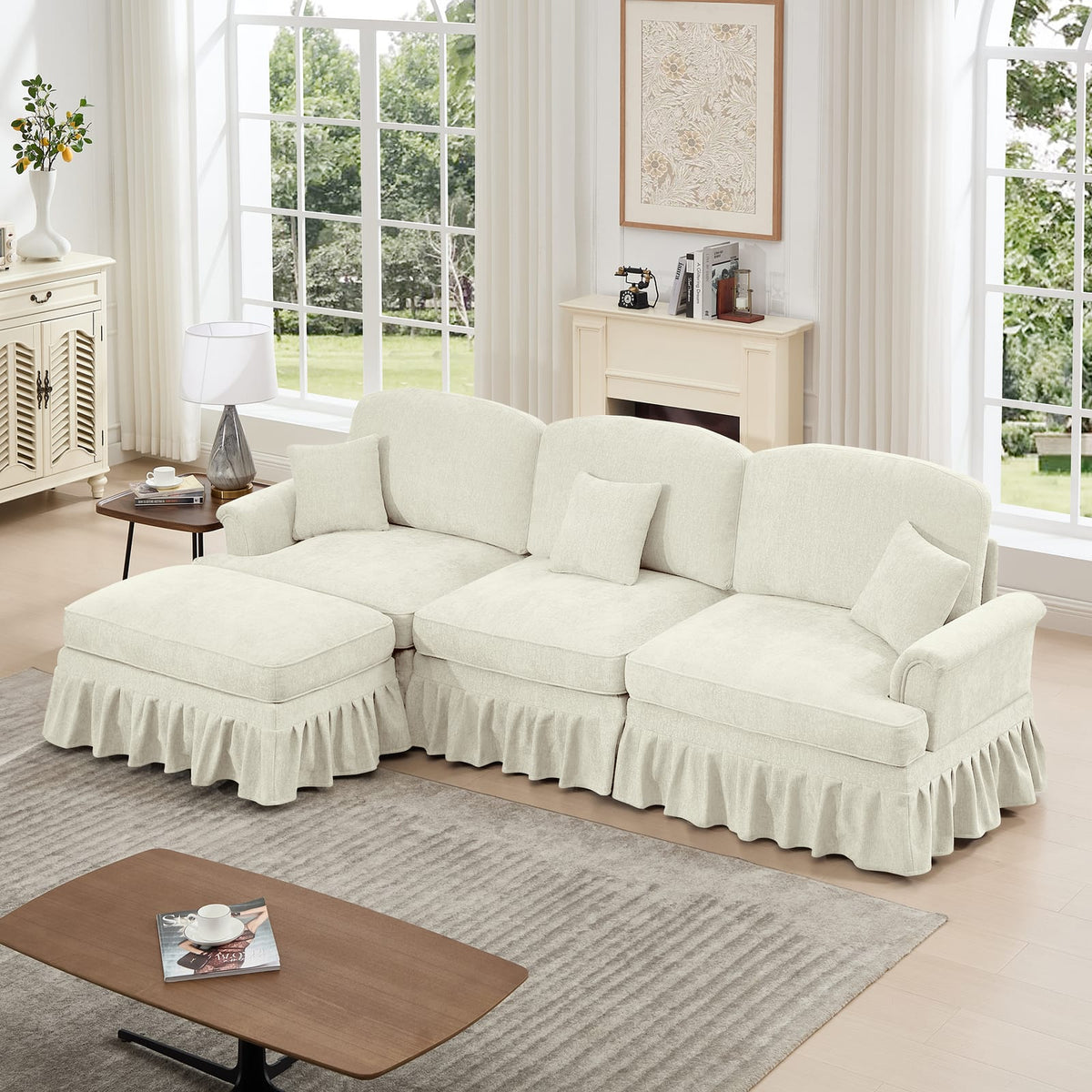 3 Seat Beige White Chenille Sectional Sofa with Removable Ruffles for Living Room