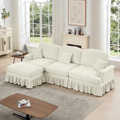 3 Seat Beige White Chenille Sectional Sofa with Removable Ruffles for Living Room