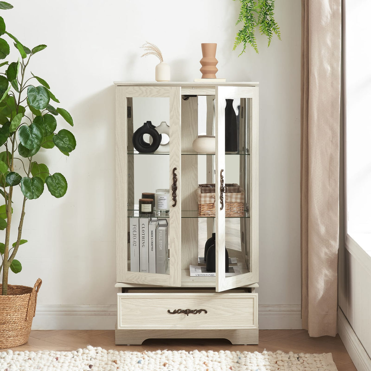 White Glass Curio Cabinet - 25.98"W Storage Display Cabinet