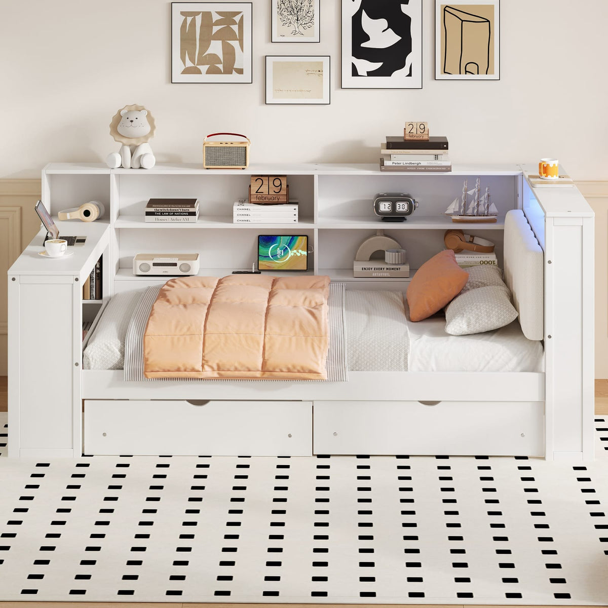Twin Size Beige+White Wood Platform Bed with Storage
