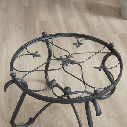 Black Tempered Glass Coffee Table Set - 2 Piece Round Side Table for Living Room