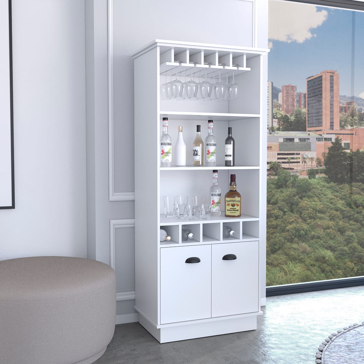 White 70 Inch Bar Cabinet with Shelves