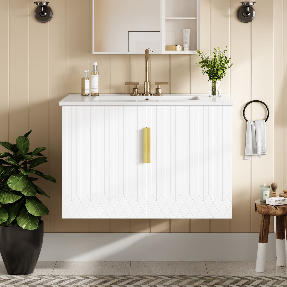 30" White Bathroom Vanity with Ceramic Sink - Storage Cabinet