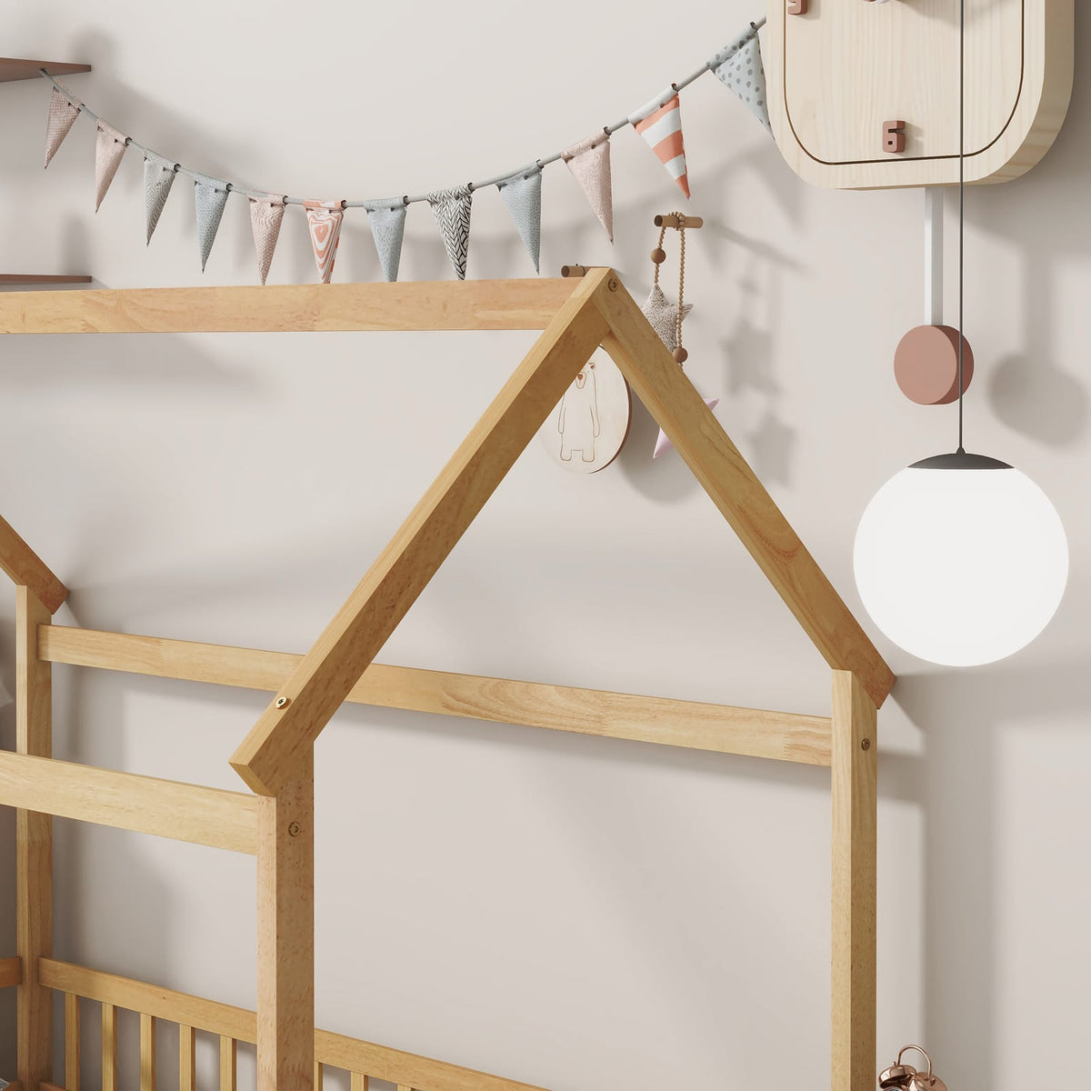 Twin Size Rubber Wood House Bed with Roof Frame