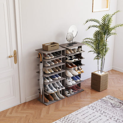 7-Tier Gray Shoe Rack - Storage Organizer with Hooks for Living Room