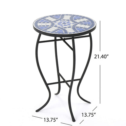 White Blue Ceramic Tile Outdoor Side Table