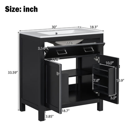 30" Black Bathroom Vanity with Ceramic Sink & Storage