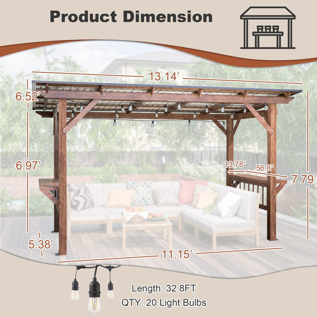 13' x 6.5' Wooden Pergola Grill Gazebo - Brown