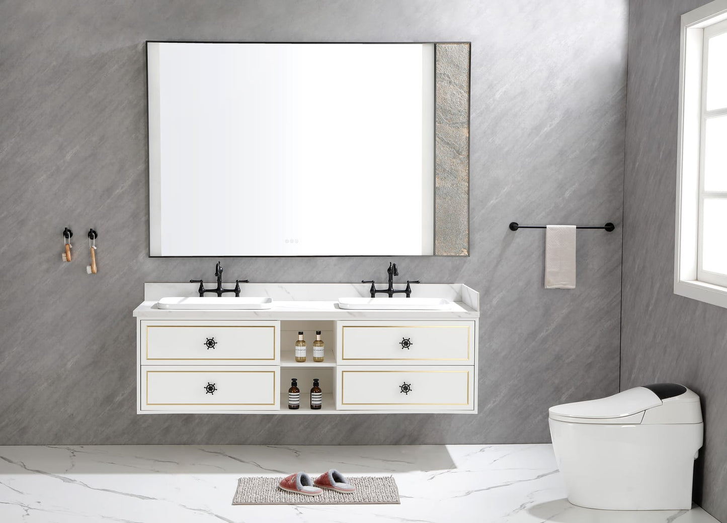 60 Inch White Bathroom Vanity Cabinet - Wall Mounted Storage