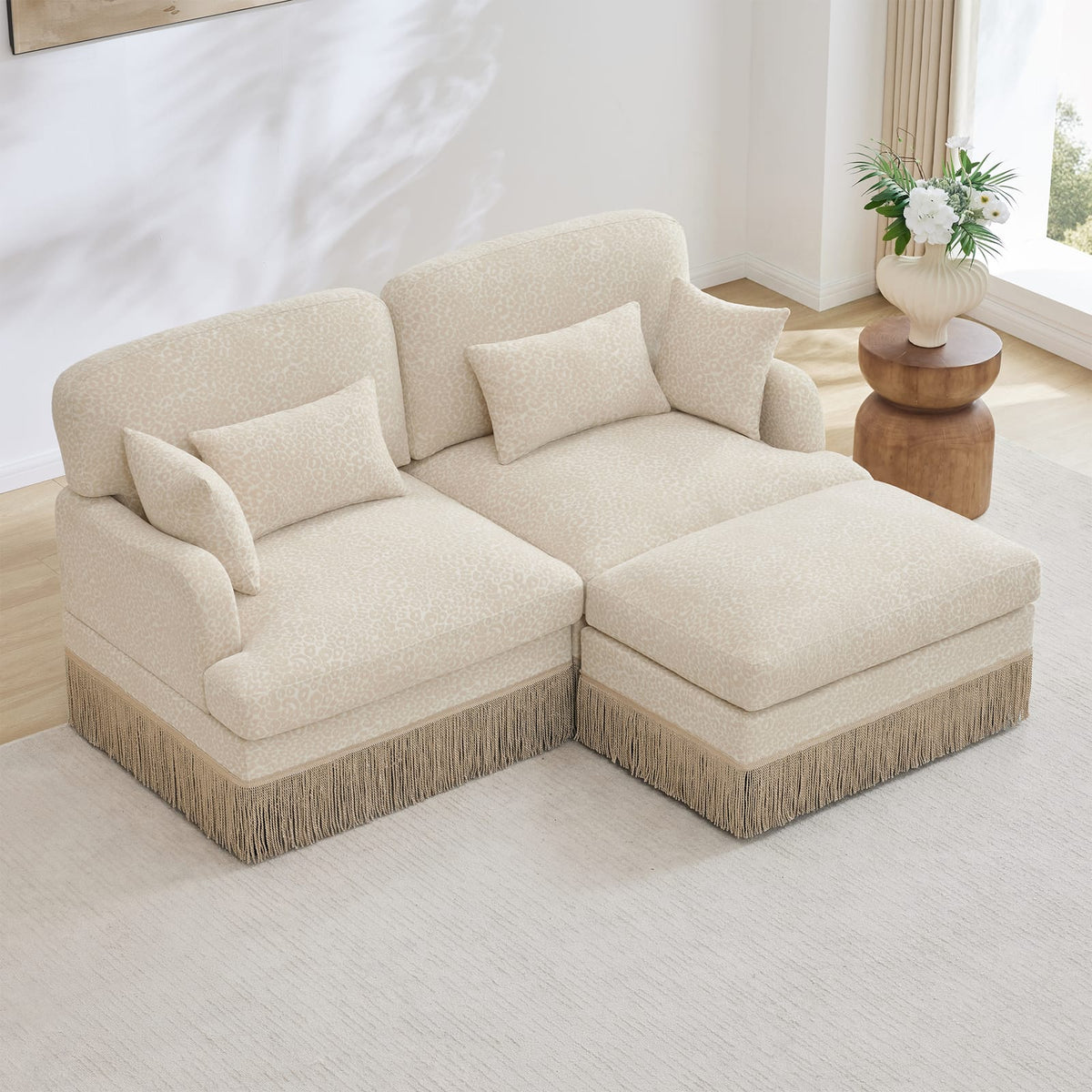 2 Seat Beige Chenille Leopard Print Sofa - Modern Loveseat
