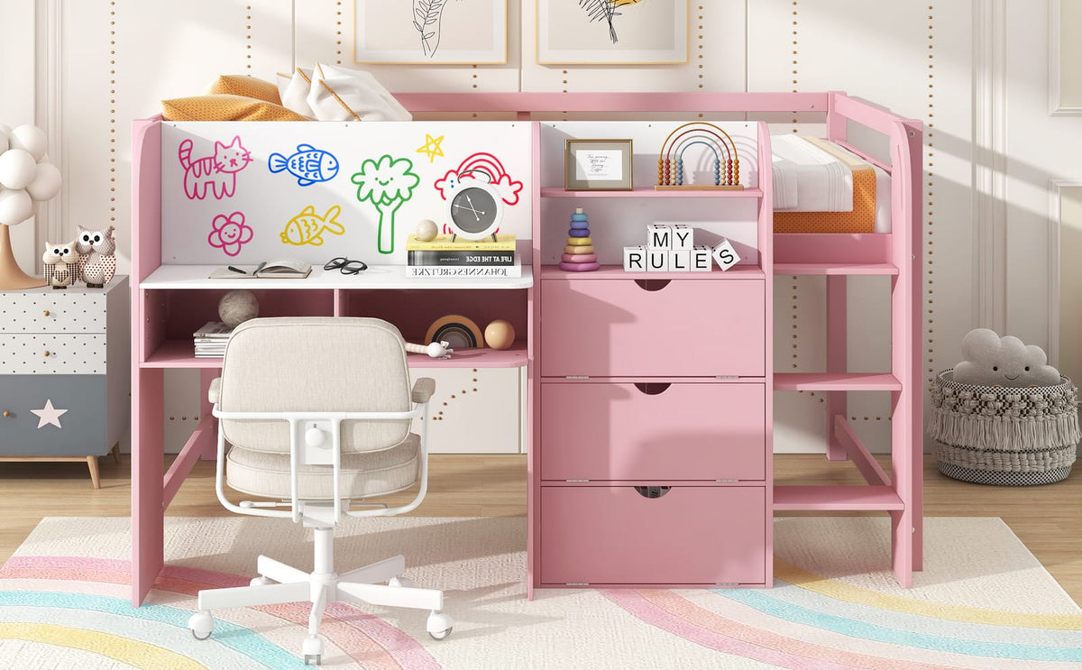Pink Low Loft Bed with Desk & Storage - Full Size for Bedroom
