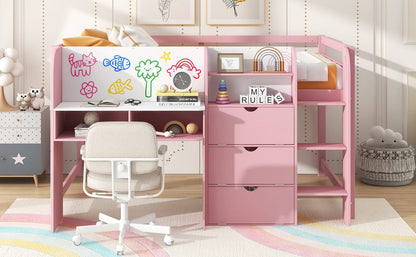 Pink Low Loft Bed with Desk & Storage - Full Size for Bedroom