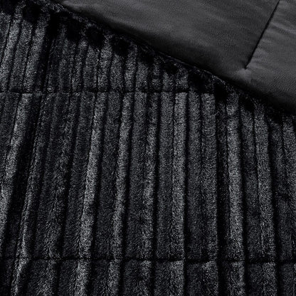 King Faux Fur Comforter Set - Black Polyester