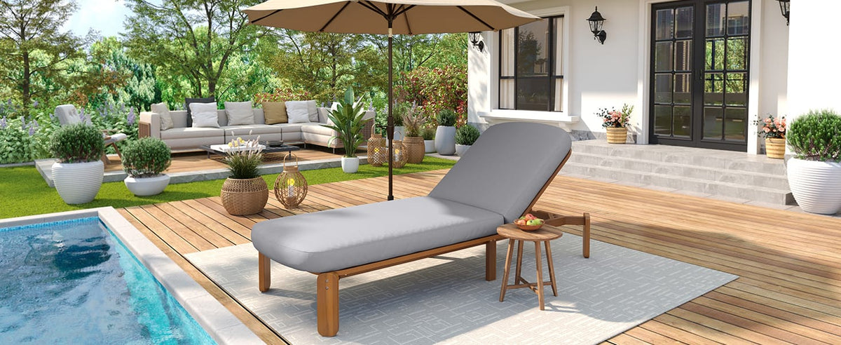 Grey Acacia Wood Patio Chaise Lounge - Adjustable Reclining Outdoor Chair