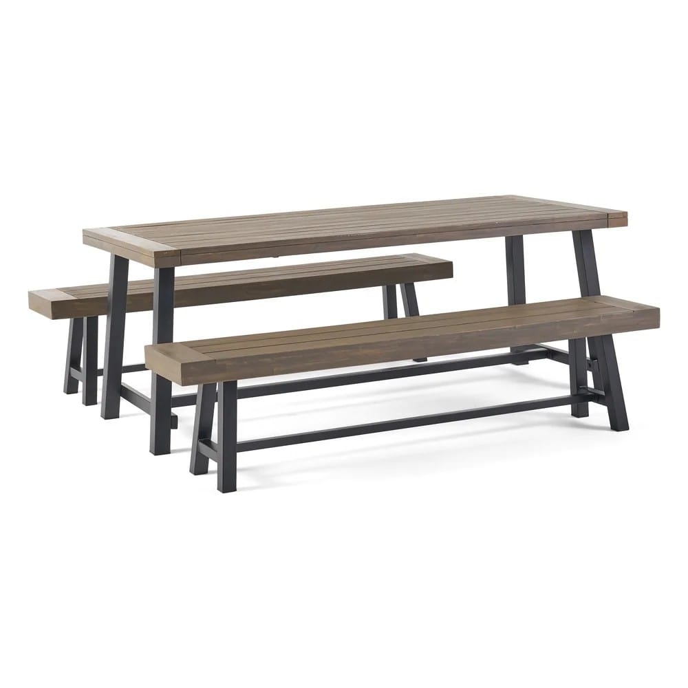 Modern Industrial Acacia Wood Patio Picnic Set in Grey and Black