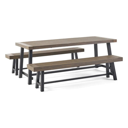 Modern Industrial Acacia Wood Patio Picnic Set in Grey and Black