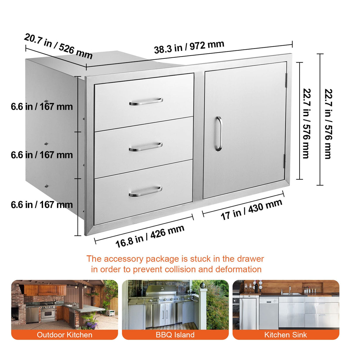 Stainless Steel BBQ Drawer Combo - 38.3"W Outdoor Kitchen Storage