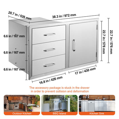 Stainless Steel BBQ Drawer Combo - 38.3"W Outdoor Kitchen Storage