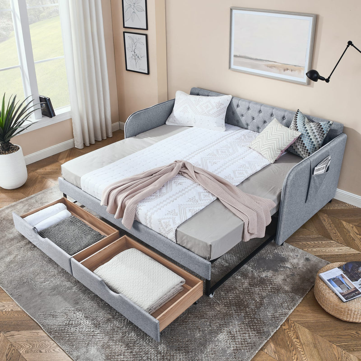 Grey Linen Daybed with Trundle - Twin to King Size