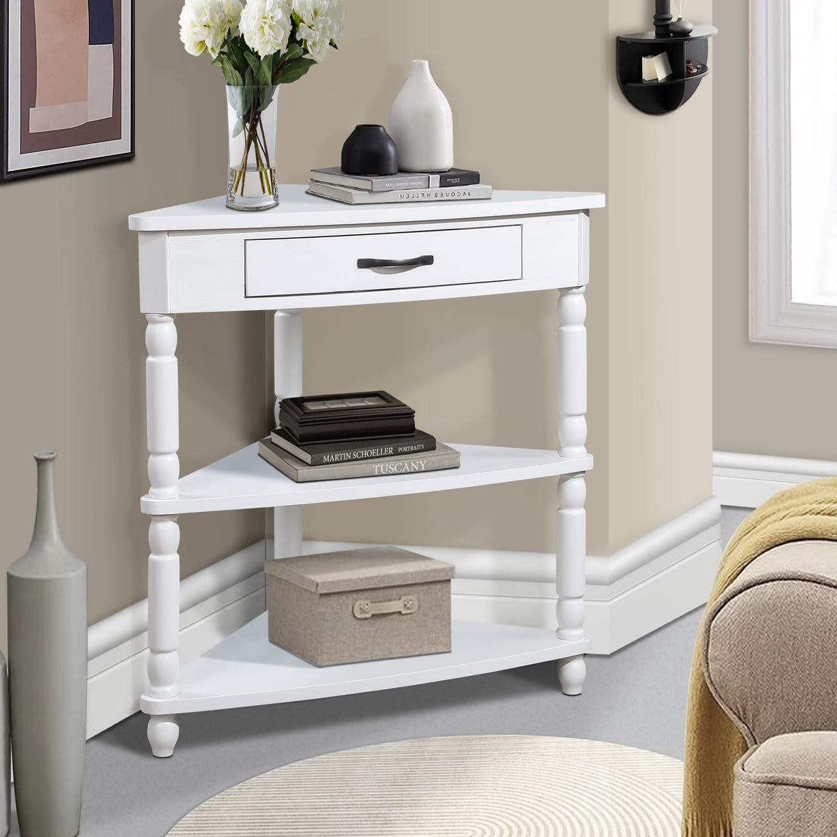 33.8" Small Triangle Corner Table - Milk White Rubber Wood for Living Room