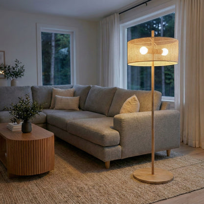 Brown Wood Floor Lamp - Drum Shade Table Lamp for Bedroom Living Room