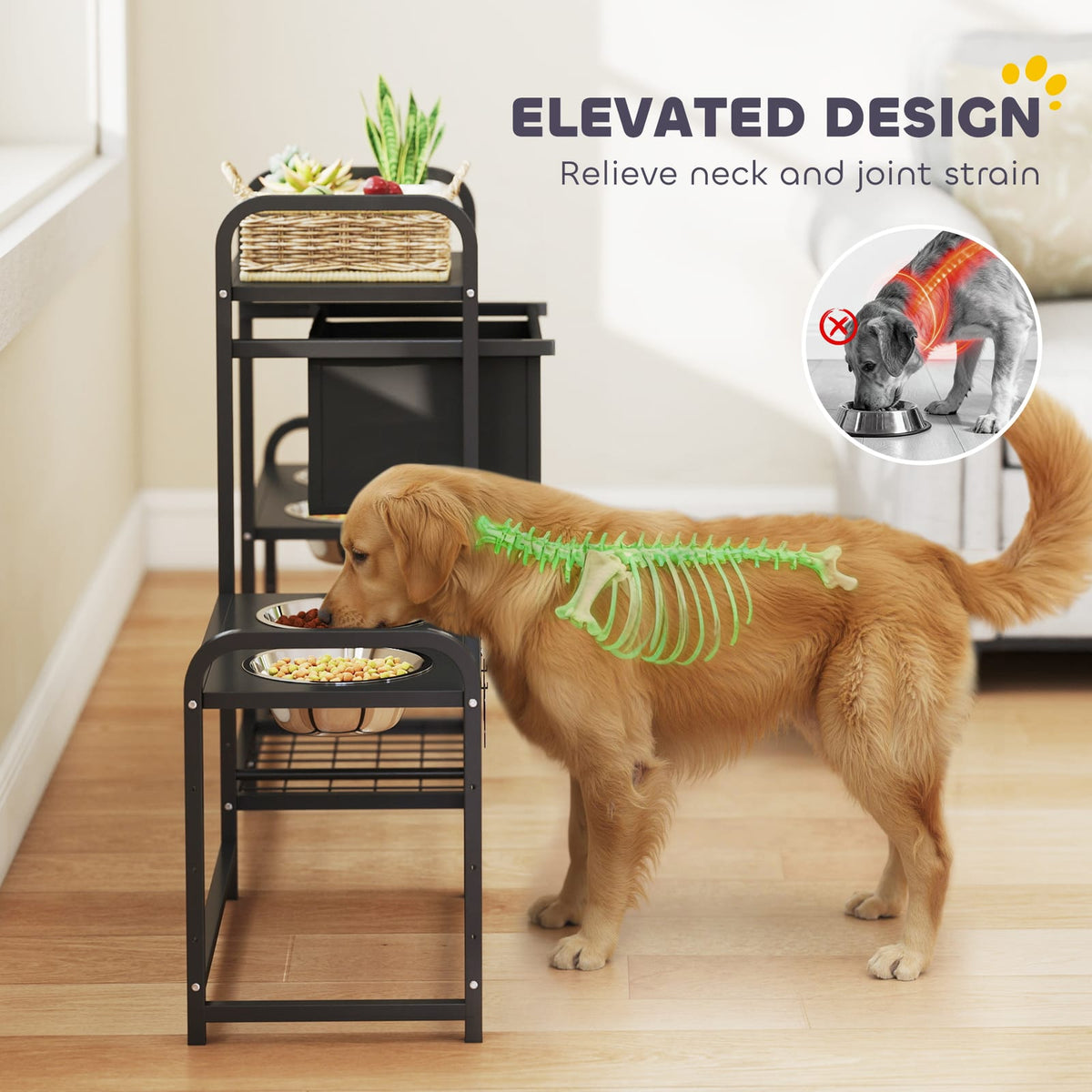 PawHut Elevated Dog Bowls - 2 Feeding Stations, Steel Black