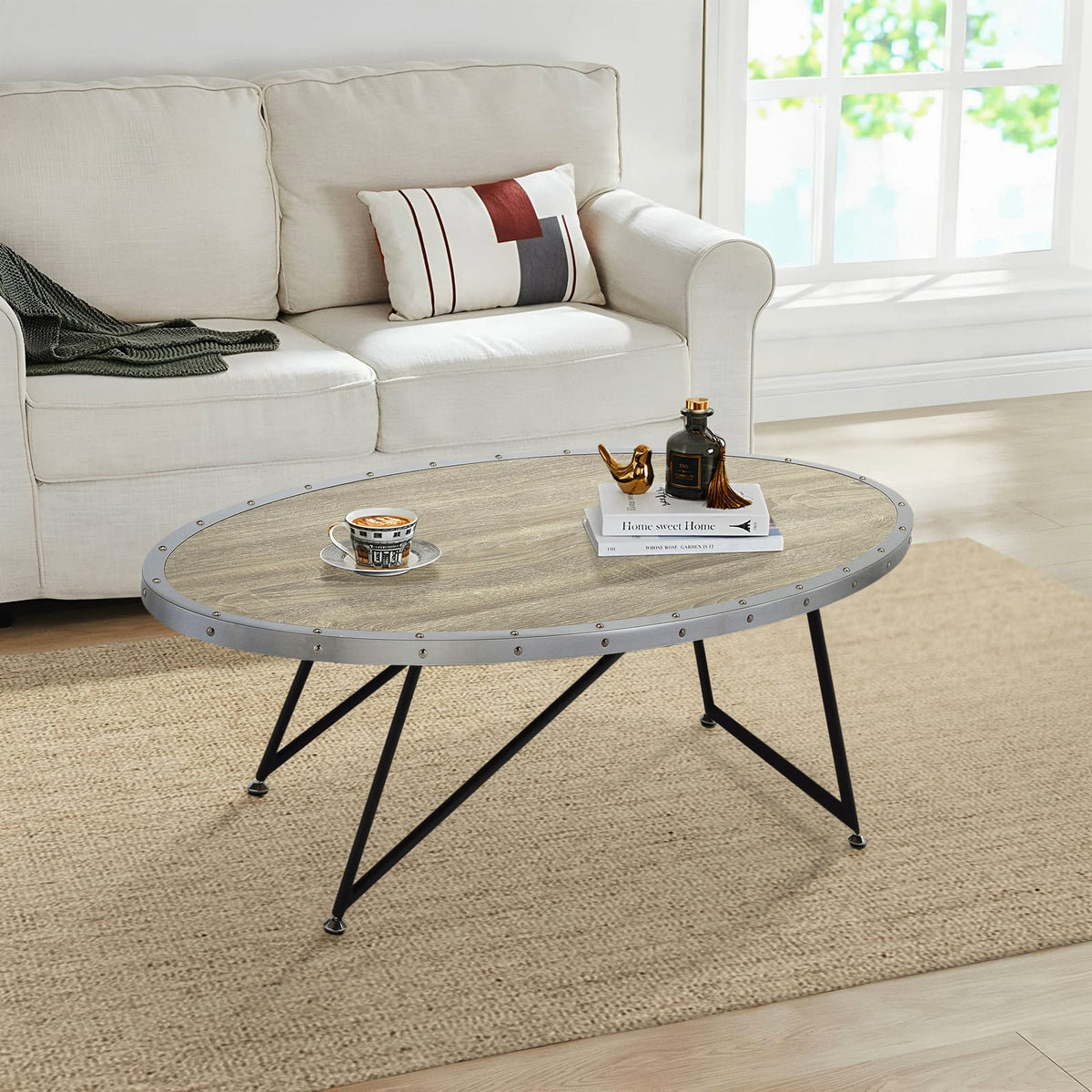 Weathered Grey Oak & Black Oval Coffee Table - Industrial Style
