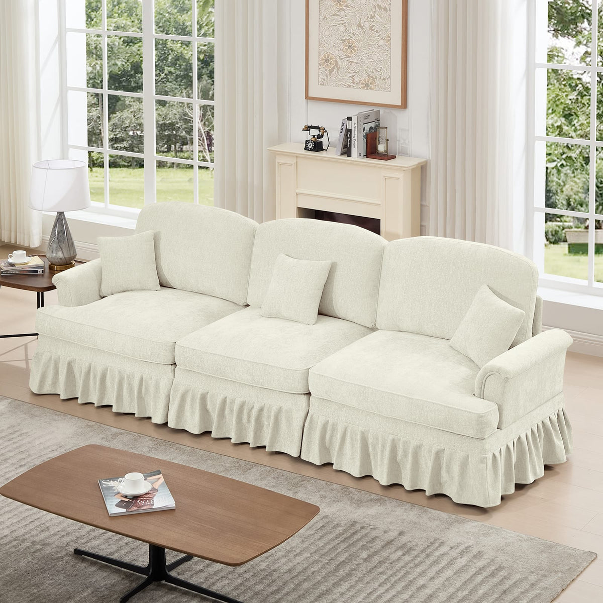3 Seat Beige White Chenille Sofa with Ruffles for Living Room