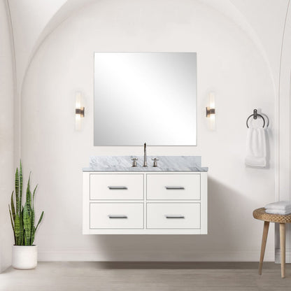 White Midcentury Wall Hung Bathroom Vanity - 36"