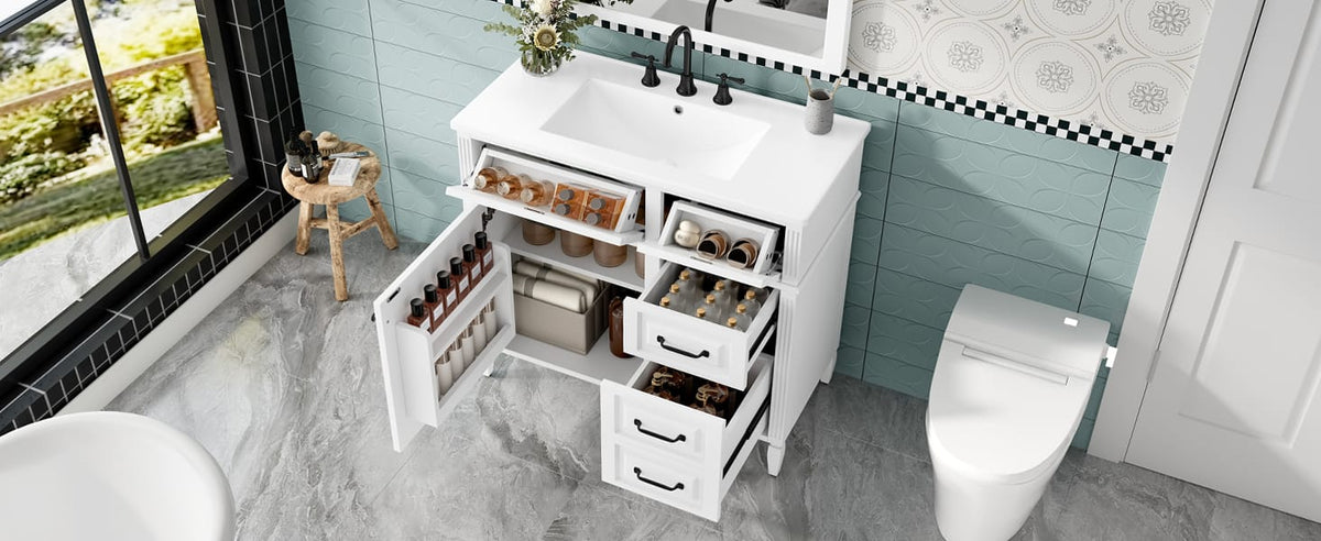 36 Inch White Solid Wood Vanity for Bathroom Renovation with Smart Storage