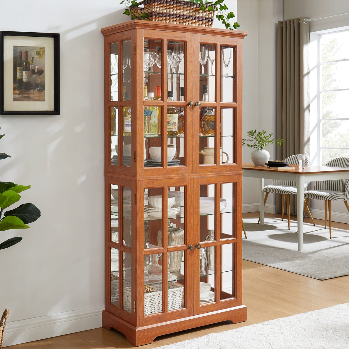 Living Room Dark Oak Display Cabinet with Glass Doors - Retro Showcase for