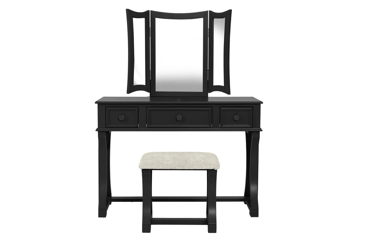 Modern Black Vanity Set with Drawers & Mirror - Bedroom Storage