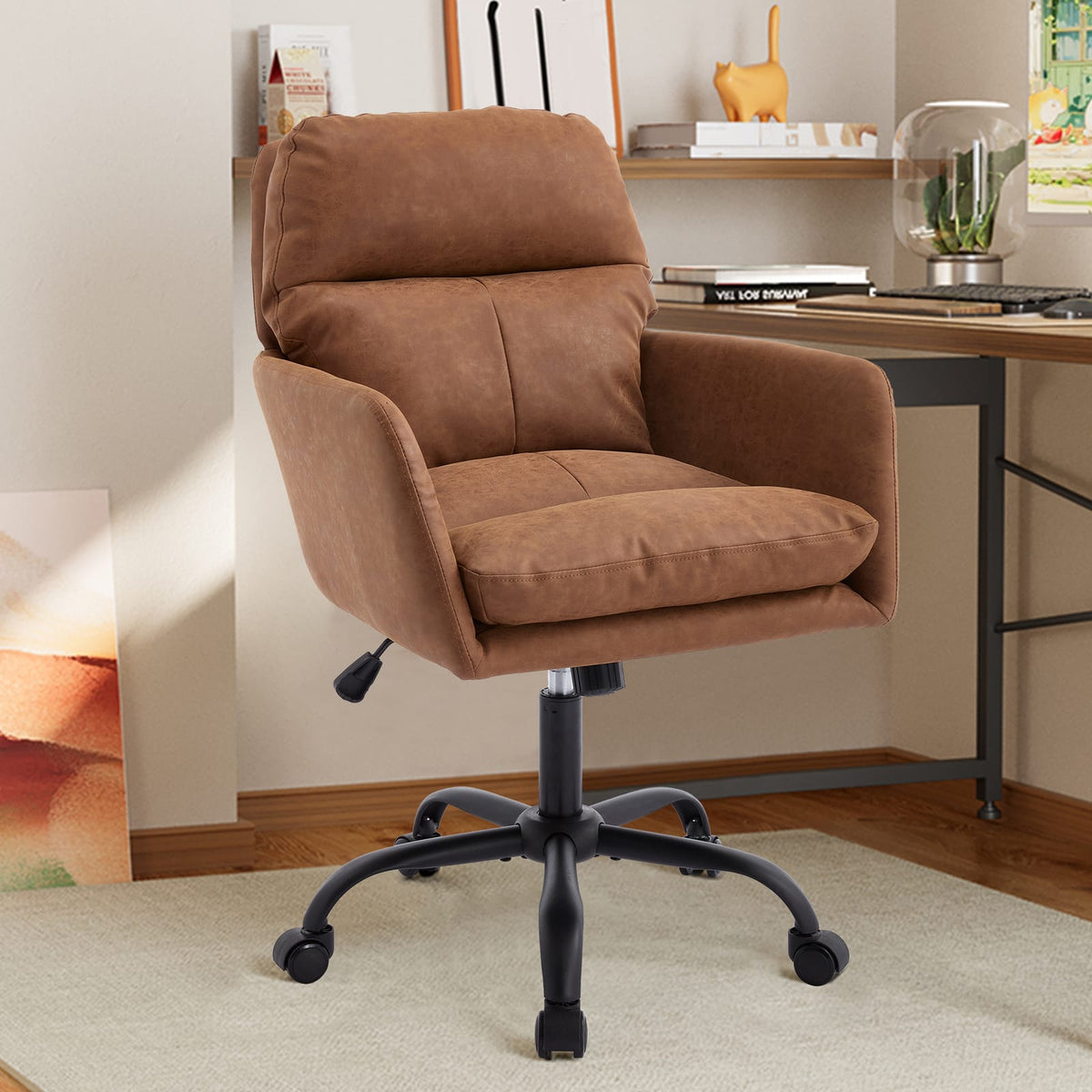 Brown Leather Office Chair - Adjustable Height