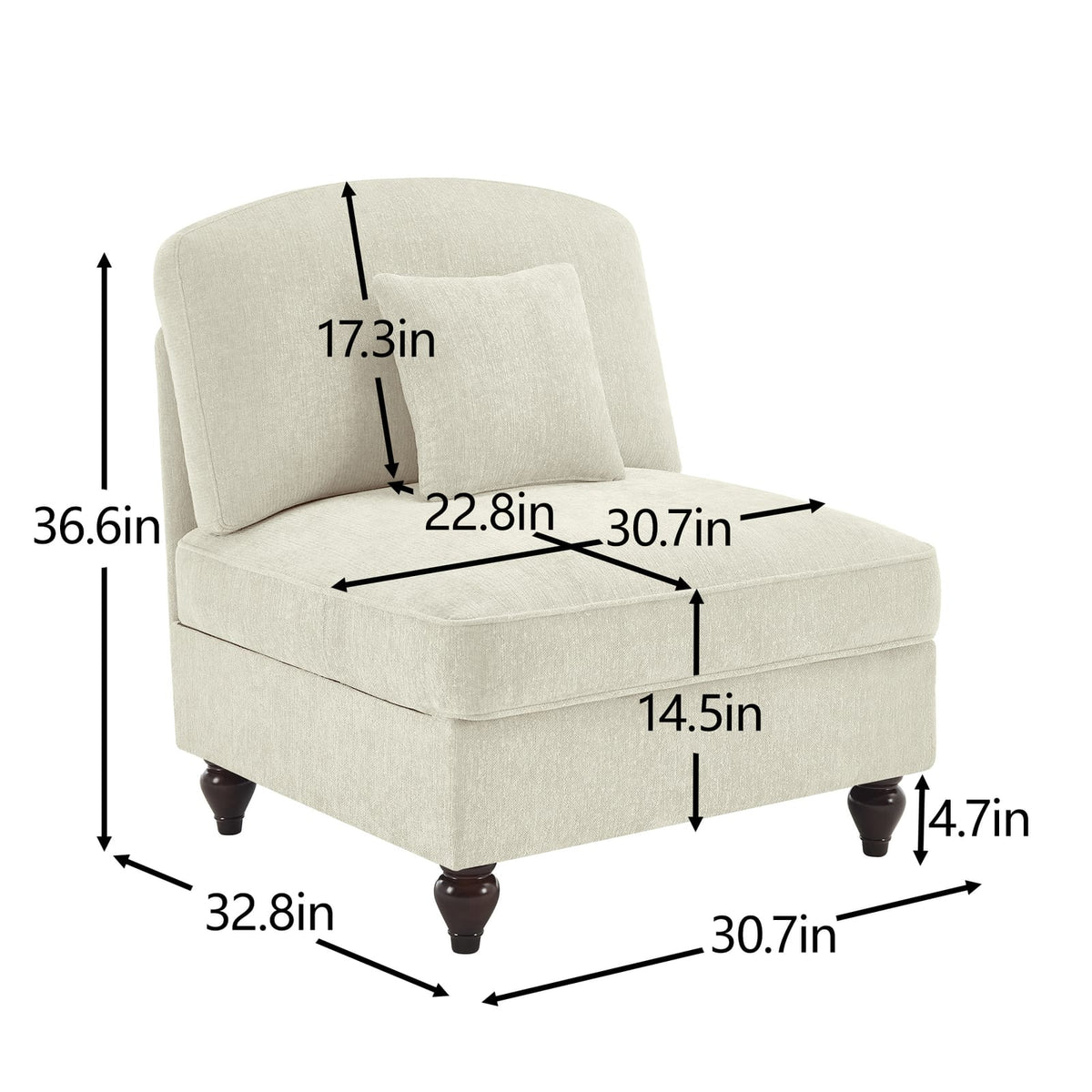Beige White Chenille Armless Sofa with 1 Pillow - 30.7" L for Living Room