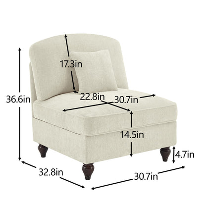 Beige White Chenille Armless Sofa with 1 Pillow - 30.7" L for Living Room