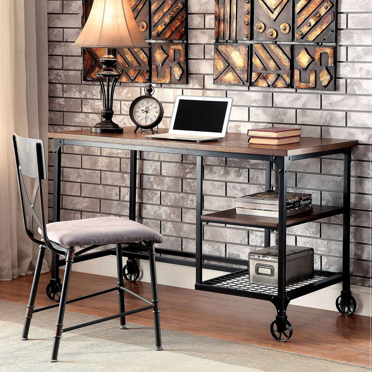 Industrial Computer Desk - Antique Black Metal Shelves
