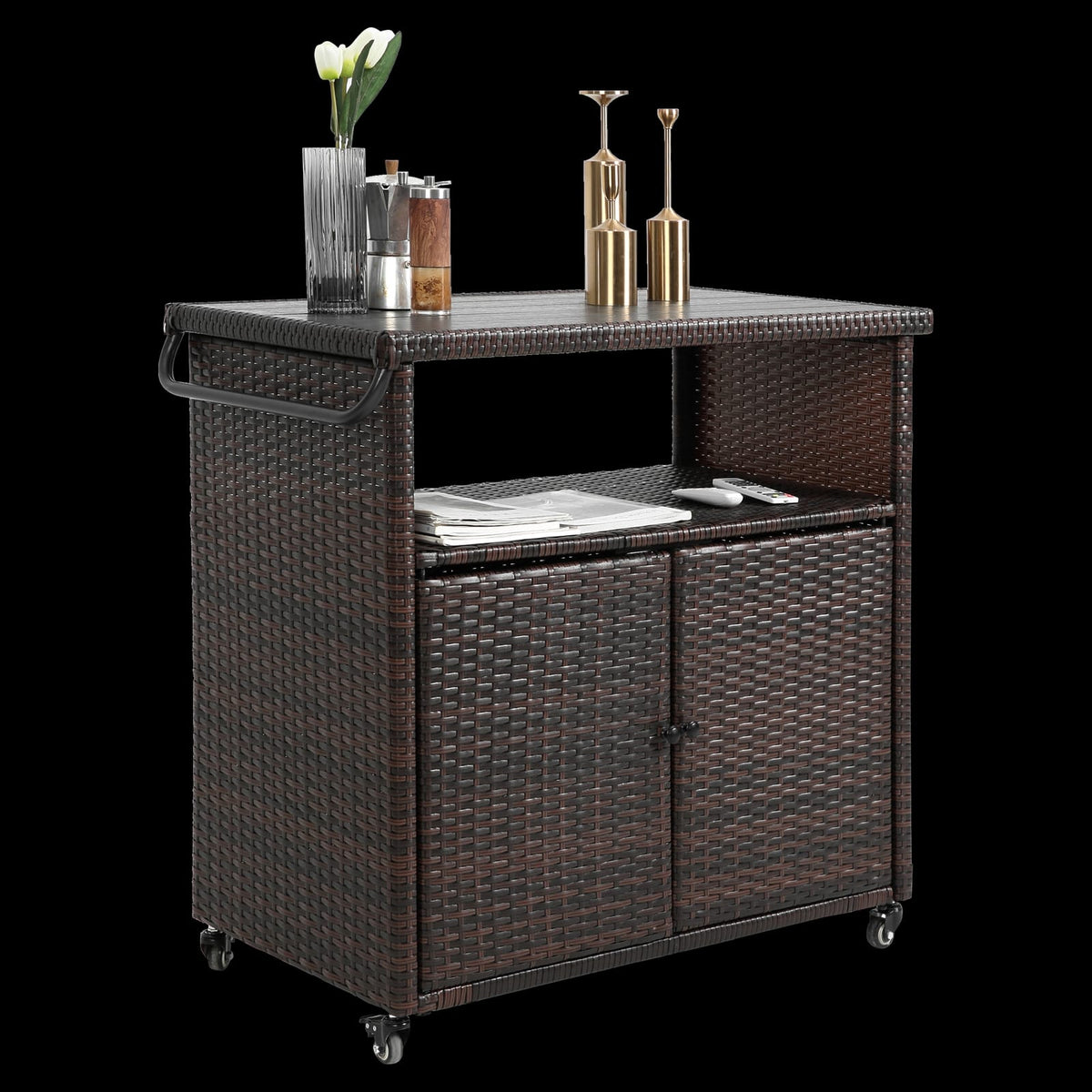 Outdoor Wicker Bar Cart - Patio Serving Cart with Wheels, Black+Brown