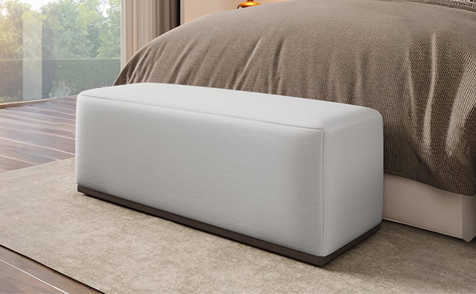 White Rectangle Ottoman - Wood Fabric Footstool