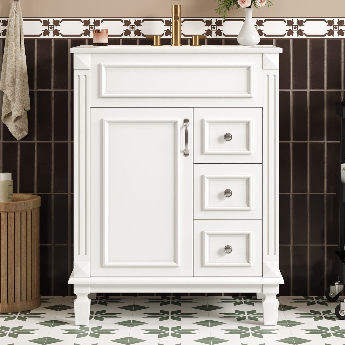 24 Inch White Bathroom Vanity with Ceramic Sink and Two Drawers